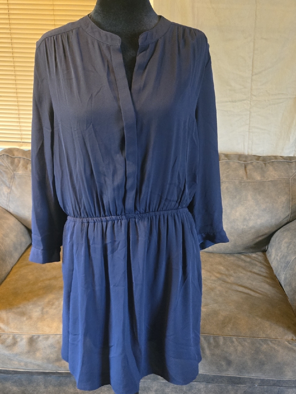 DR2 Navy Blue Long Sleeve Elastic Waist Shirt Dress